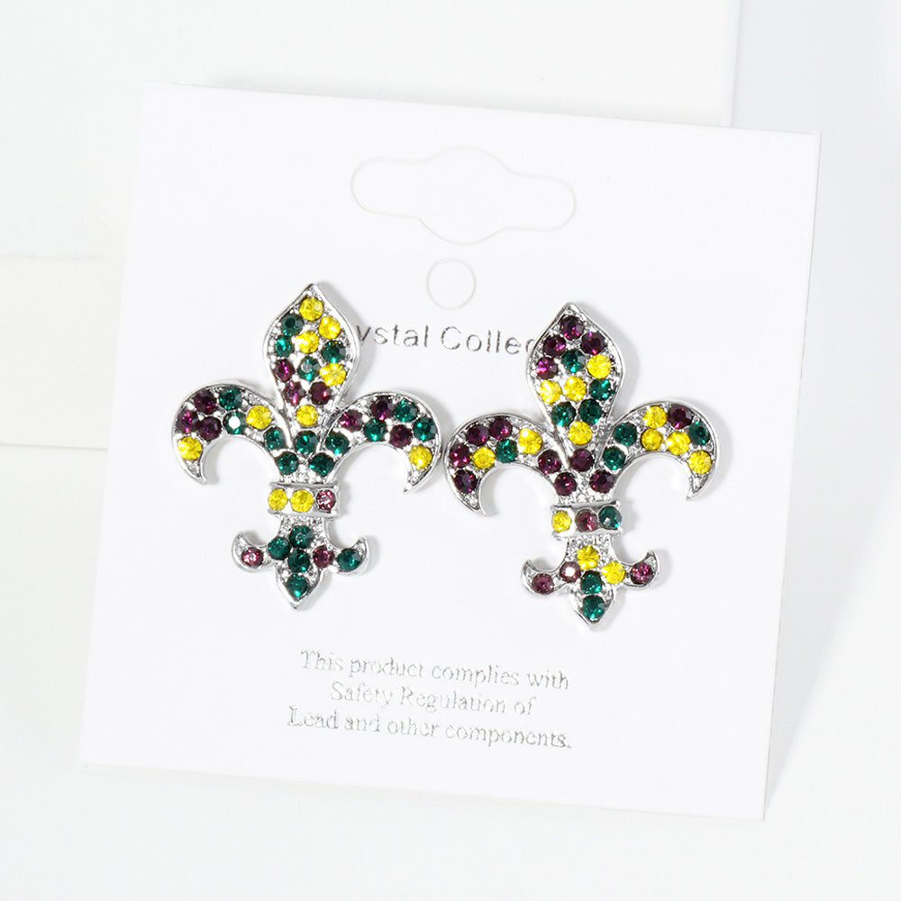 iLLASPARKZ Crystal Stone Paved Mardi Gras Fleur de Lis Stud Earrings