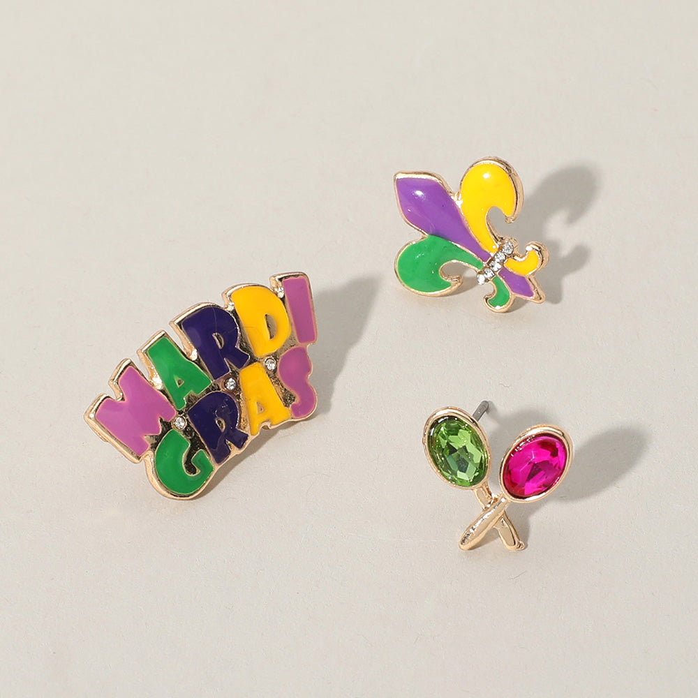 iLLASPARKZ 3Pairs - Enamel MARDI GRAS Message Fleur de Lis Stud Earrings Set