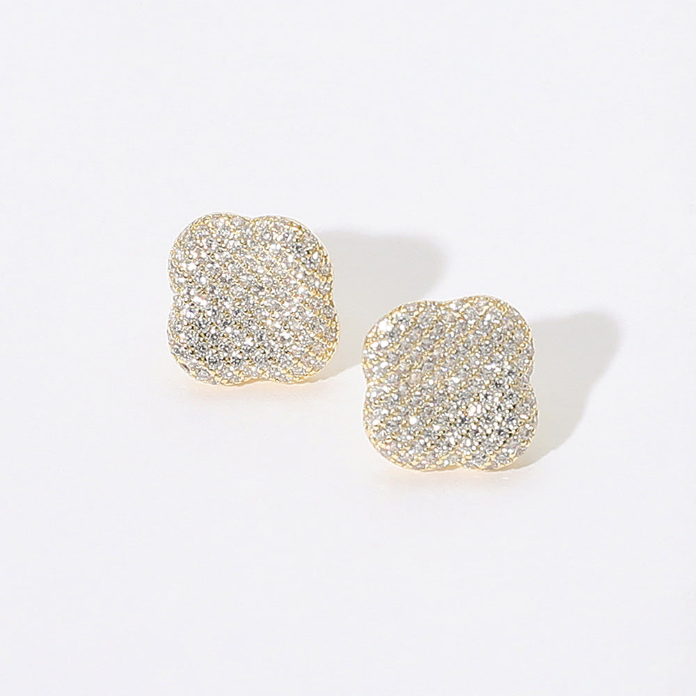 iLLASPARKZ SECRET BOX_14K Gold Dipped CZ Stone Paved Quatrefoil Stud Earrings