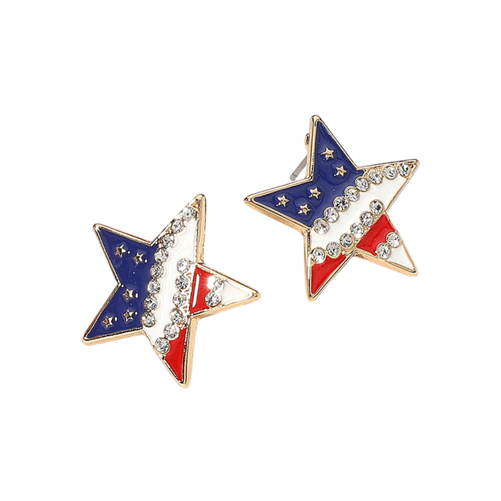 iLLASPARKZ Stone Paved Enamel American USA Flag Star Stud Earrings