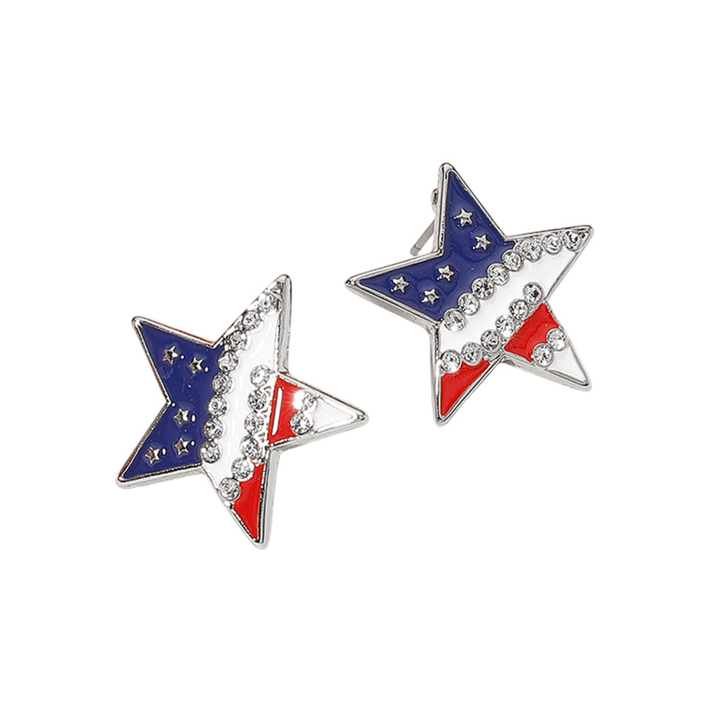 iLLASPARKZ Stone Paved Enamel American USA Flag Star Stud Earrings