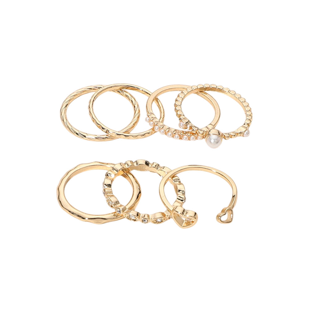 iLLASPARKZ 7PCS - Pearl Embellished Stone Pointed Heart Tip Stackable Rings