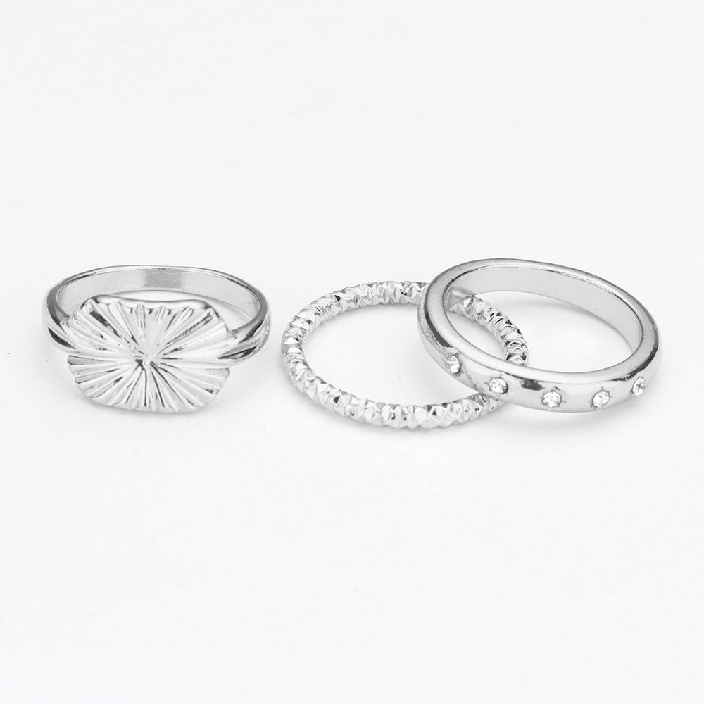 iLLASPARKZ 3PCS - Rectangle Rhinestone Embellished Metal Band Mixed Rings