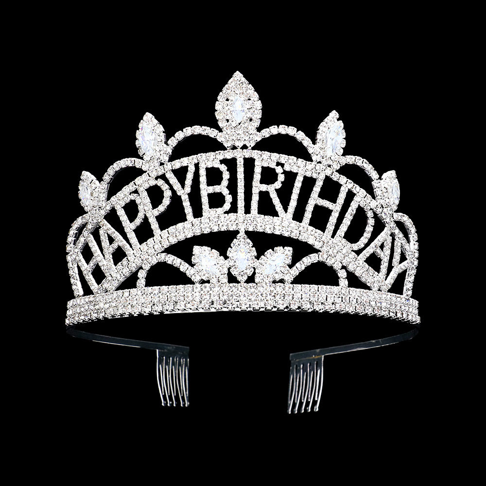 iLLASPARKZ Marquise Stone Accented Rhinestone Paved HAPPY BIRTHDAY Message Princess Tiara