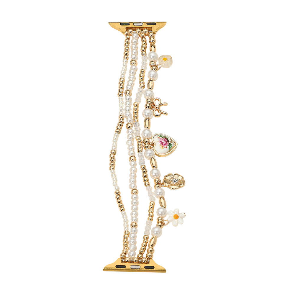 iLLASPARKZ Flower Bow Floral Ceramic Heart Charm Pearl Beaded Multi Layered Apple Watch Band