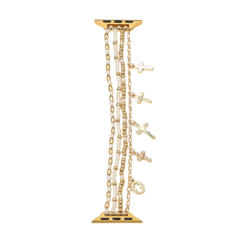 iLLASPARKZ Metal Cross Charm Pearl Beaded Multi Layered Apple Watch Band
