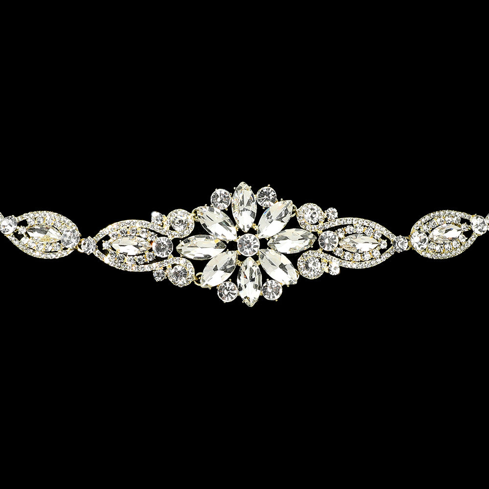 iLLASPARKZ Marquise Stone Cluster Flower Point Sash Ribbon Bridal Wedding Belt / Headband