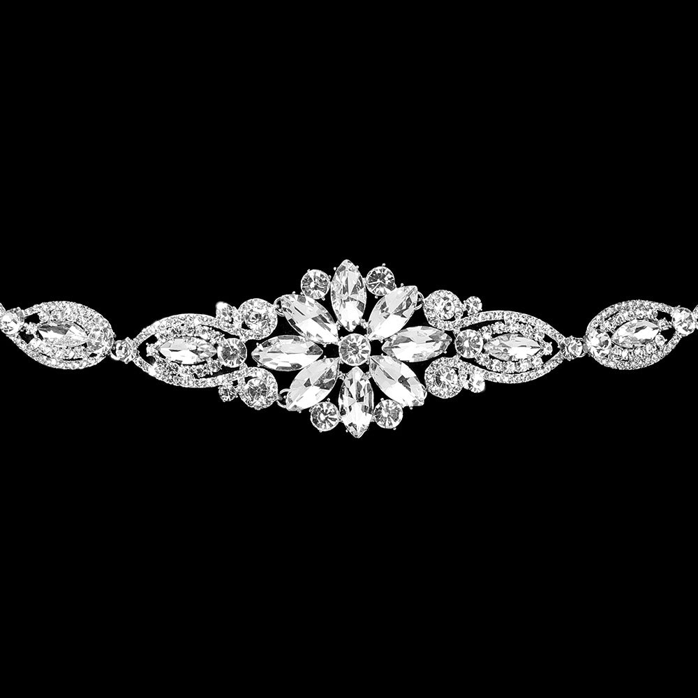 iLLASPARKZ Marquise Stone Cluster Flower Point Sash Ribbon Bridal Wedding Belt / Headband