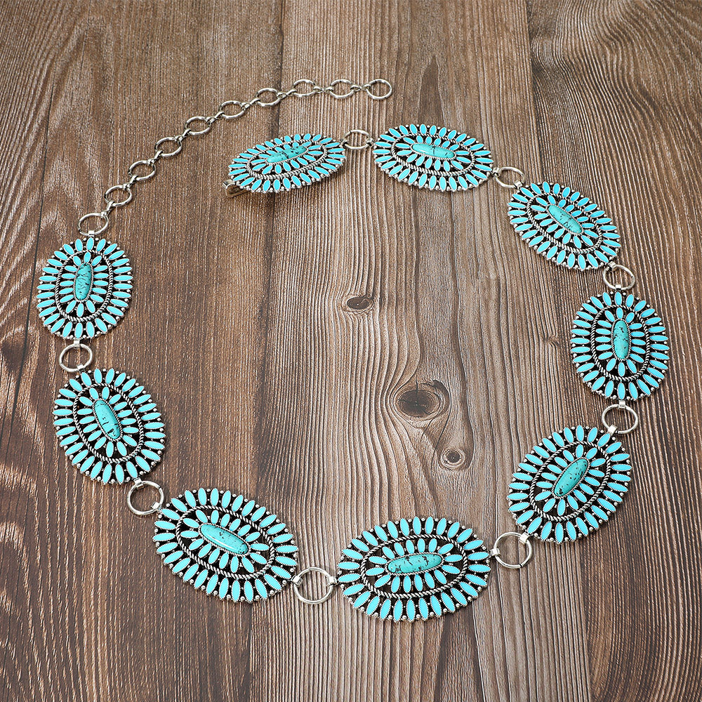 iLLASPARKZ Boho Vintage Western Oval Turquoise Stone Pointed Concho Chain Belt