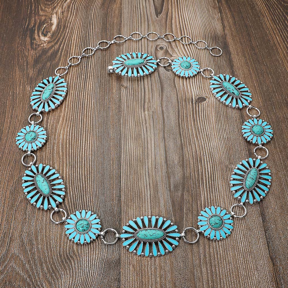 iLLASPARKZ Boho Vintage Western Oval Round Stone Pointed Concho Chain Belt