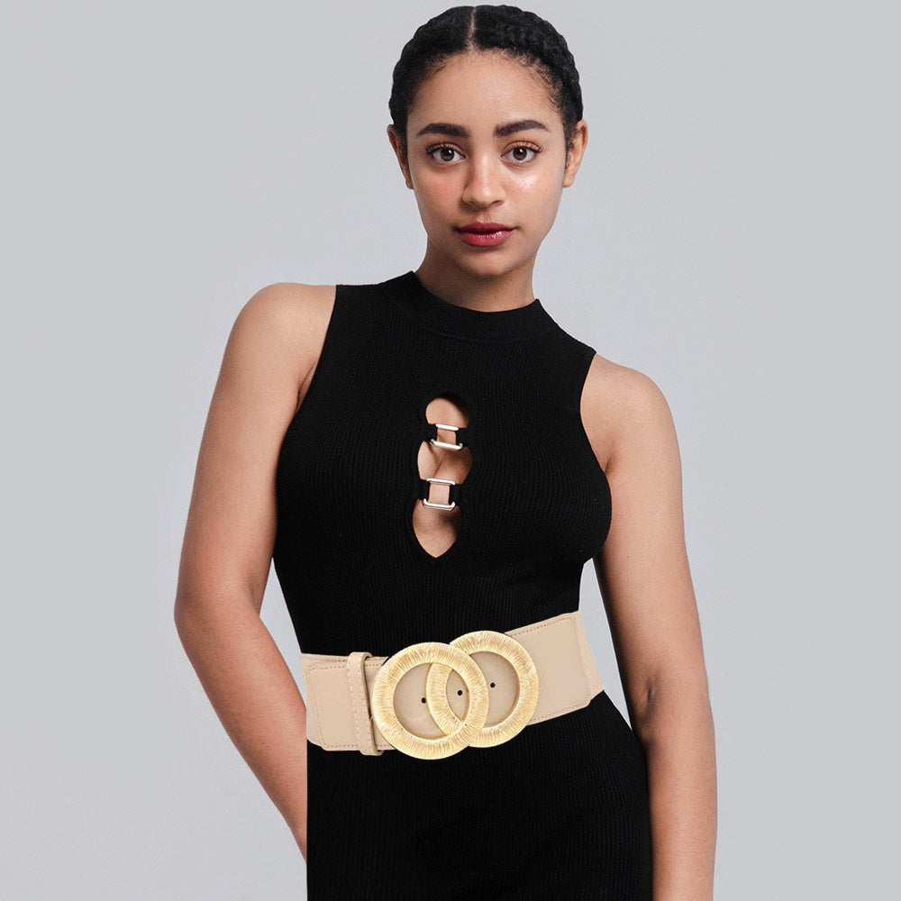 iLLASPARKZ Textured Metal Double Ring Buckle Accented Wide Elastic Belt
