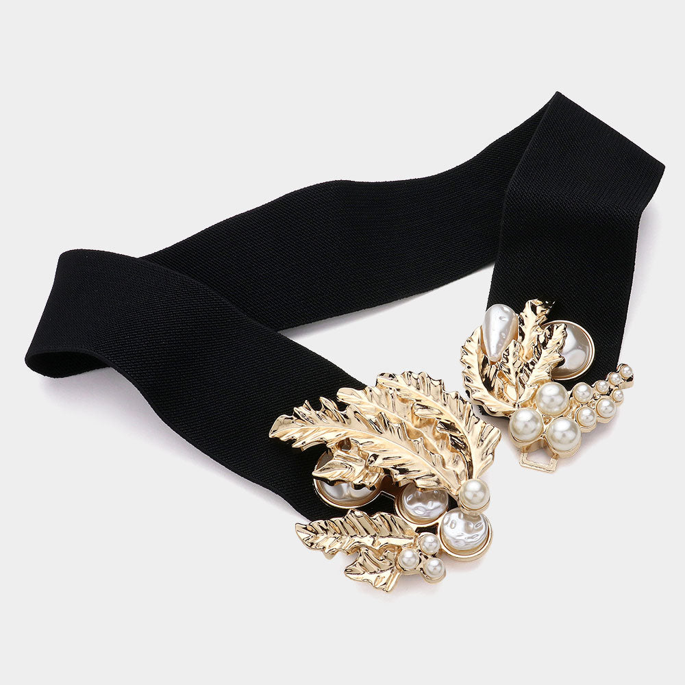 iLLASPARKZ Metal Leaves Pearl Embellished Buckle Pointed Elastic Belt
