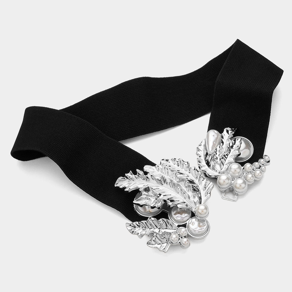 iLLASPARKZ Metal Leaves Pearl Embellished Buckle Pointed Elastic Belt
