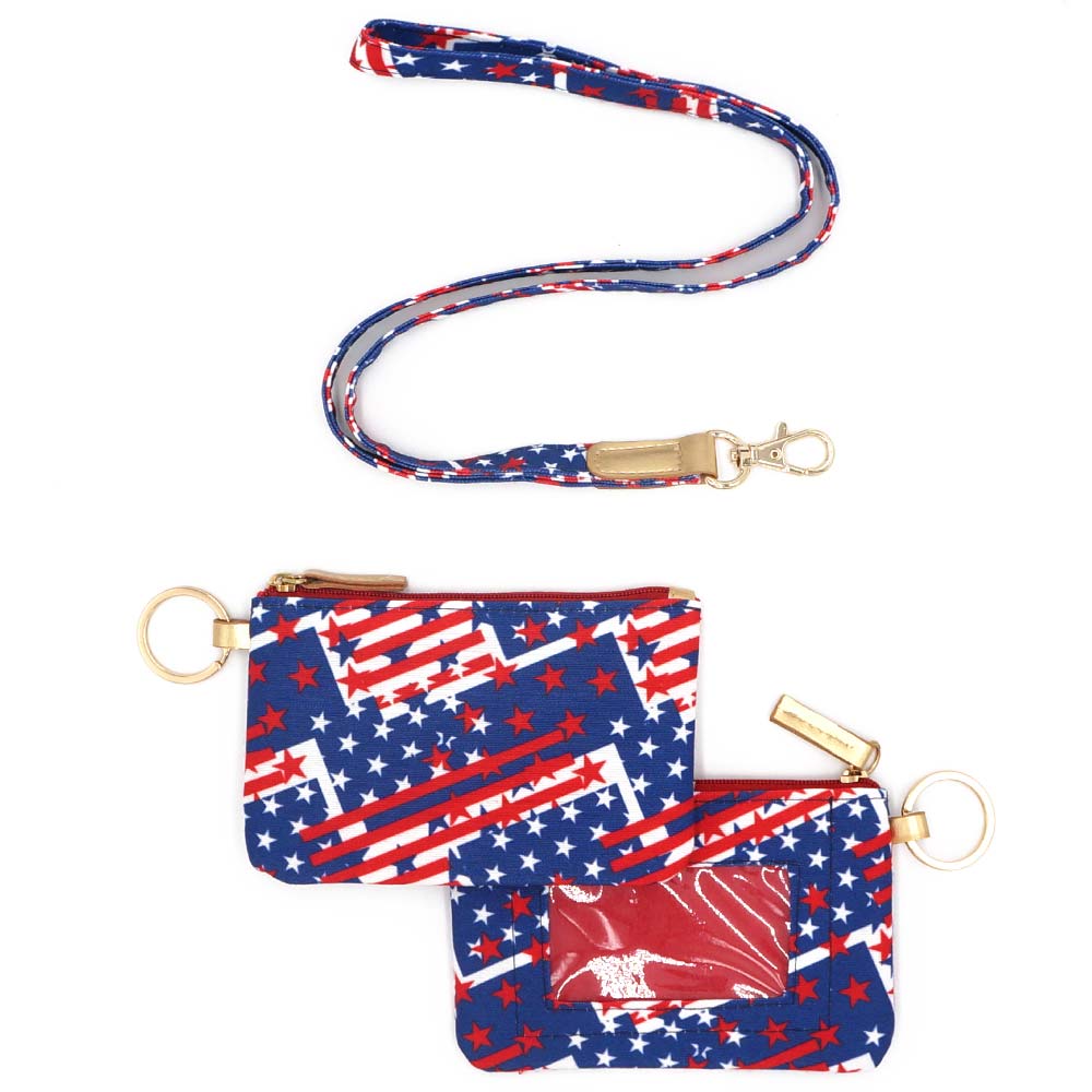 iLLASPARKZ American USA Flag Patterned ID Wallet Detachable Lanyard