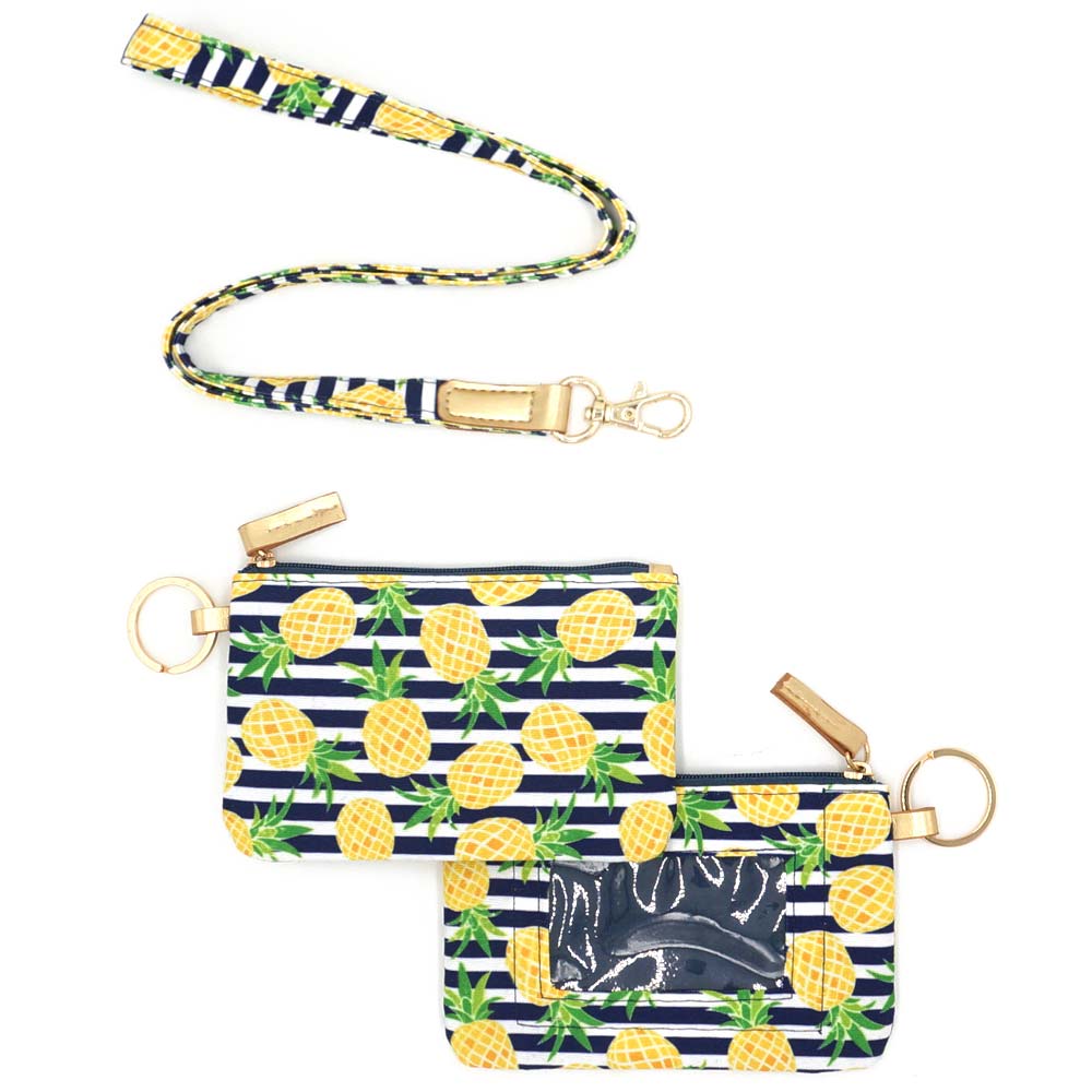 iLLASPARKZ Pineapple Accented Striped ID Wallet Detachable Lanyard