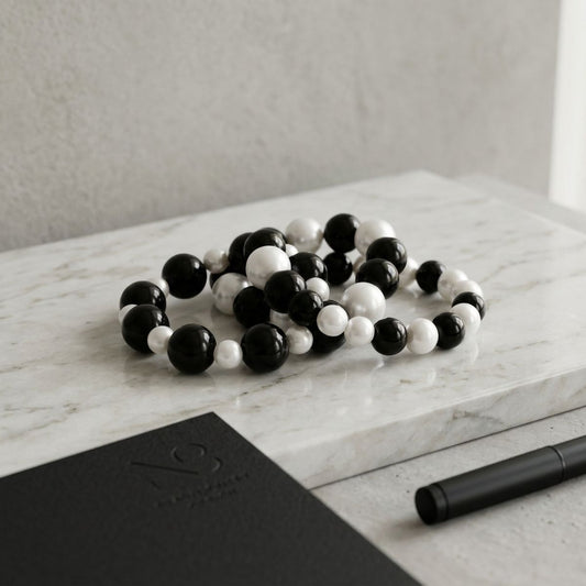 Black Bead White Pearl Bracelet Stretch 3 Strand