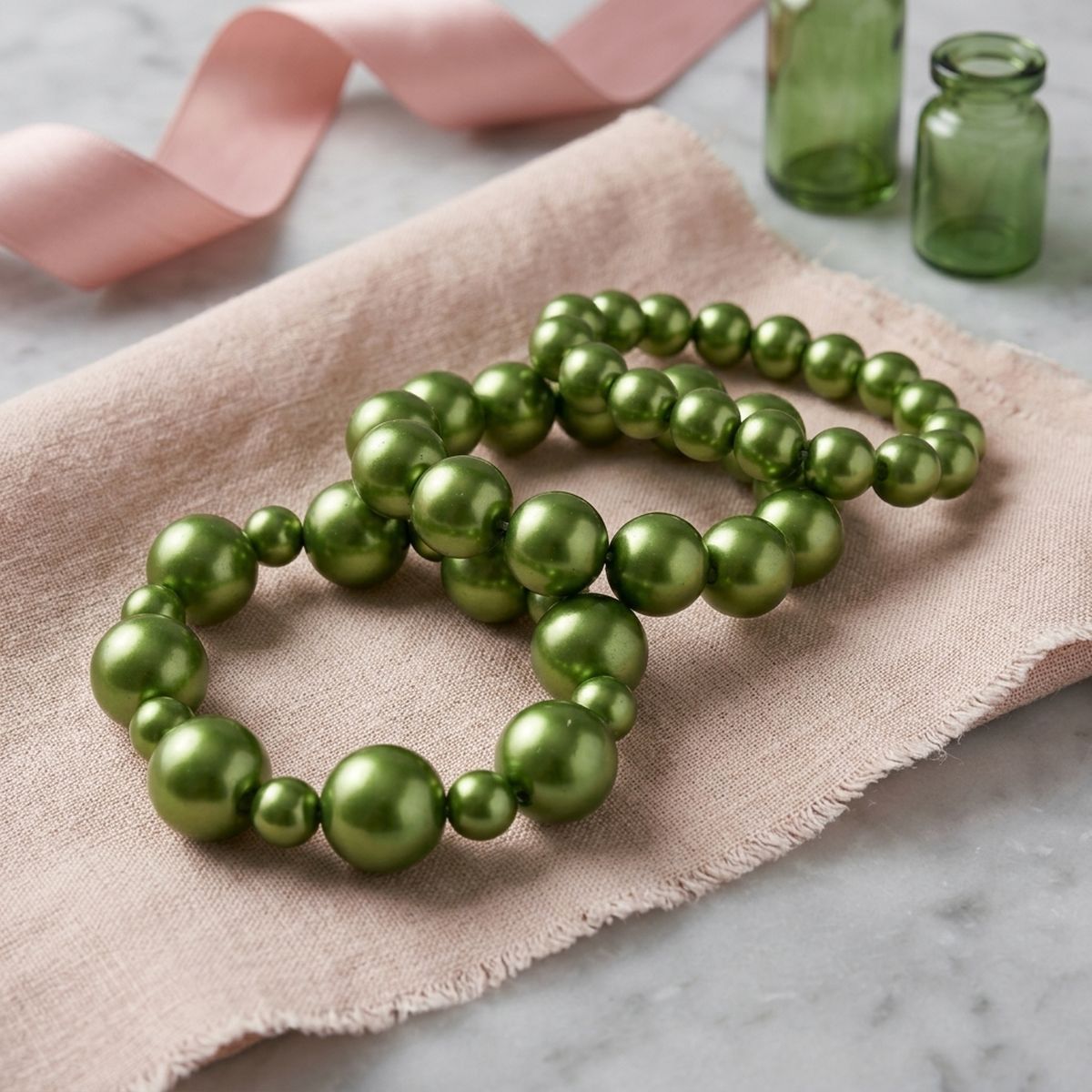Olive Green Pearl Bracelet Stretch 3 Strand