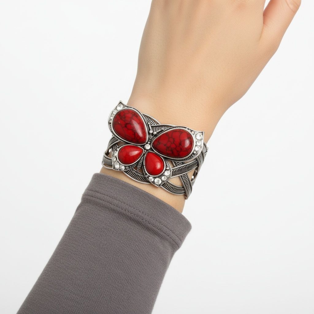 Cuff Red Butterfly Burnished Silver Bracelet