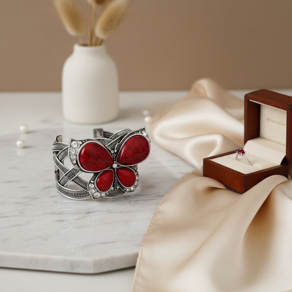 Cuff Red Butterfly Burnished Silver Bracelet