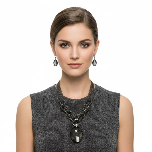 Pendant Black Oval Crystal Hematite Chain Necklace