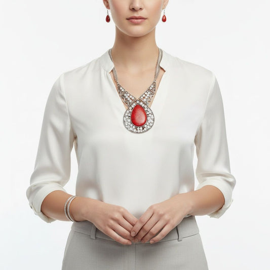 Pendant XL Red Cracked Teardrop Tribal Necklace