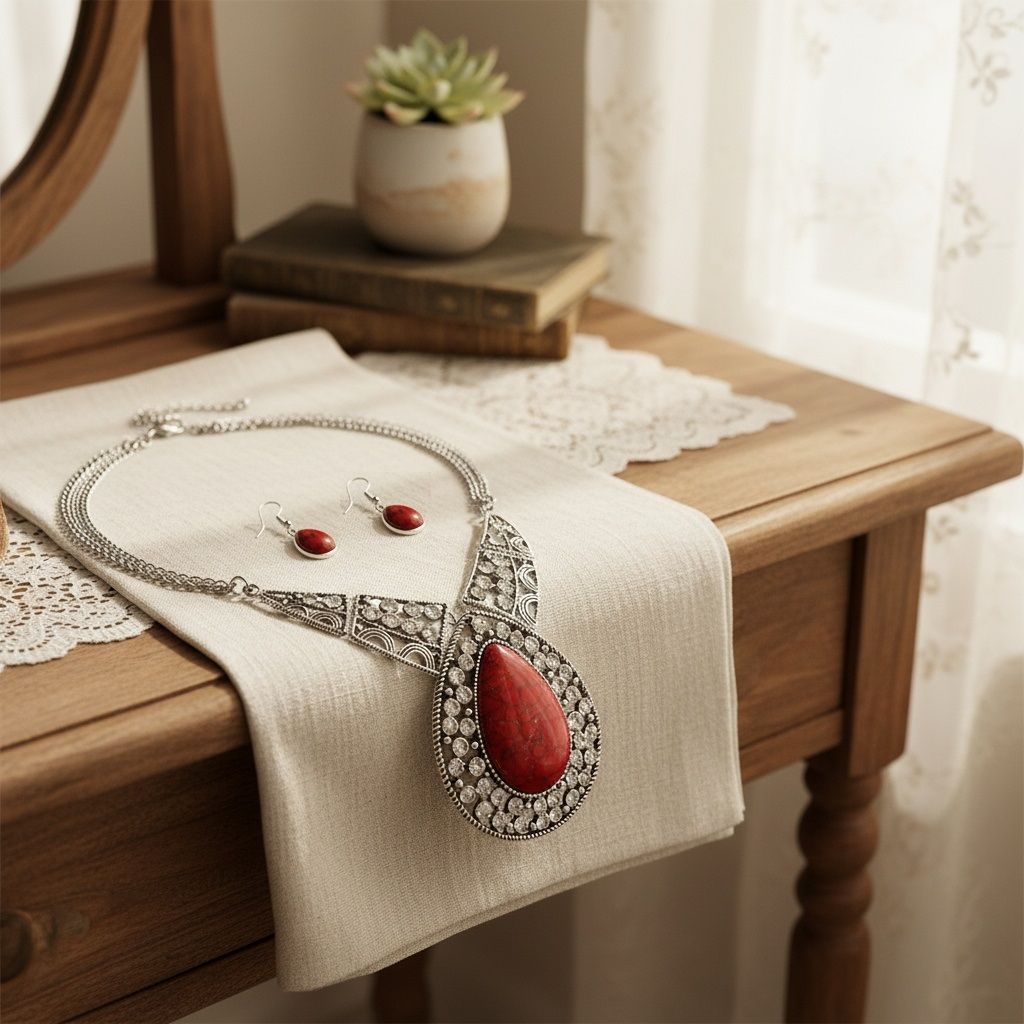 Pendant XL Red Cracked Teardrop Tribal Necklace