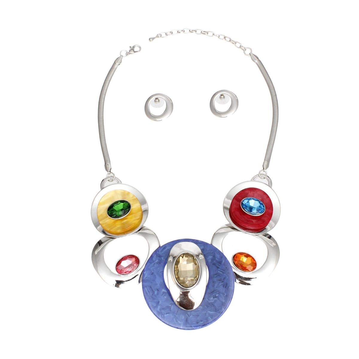 Multi-Color Swirled Silver Bib Necklace