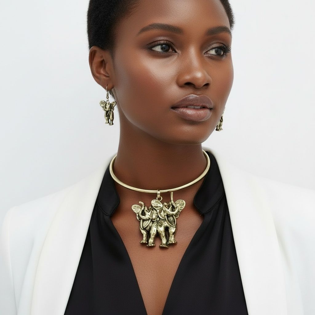 Pendant Burnished Gold Double Elephant Choker