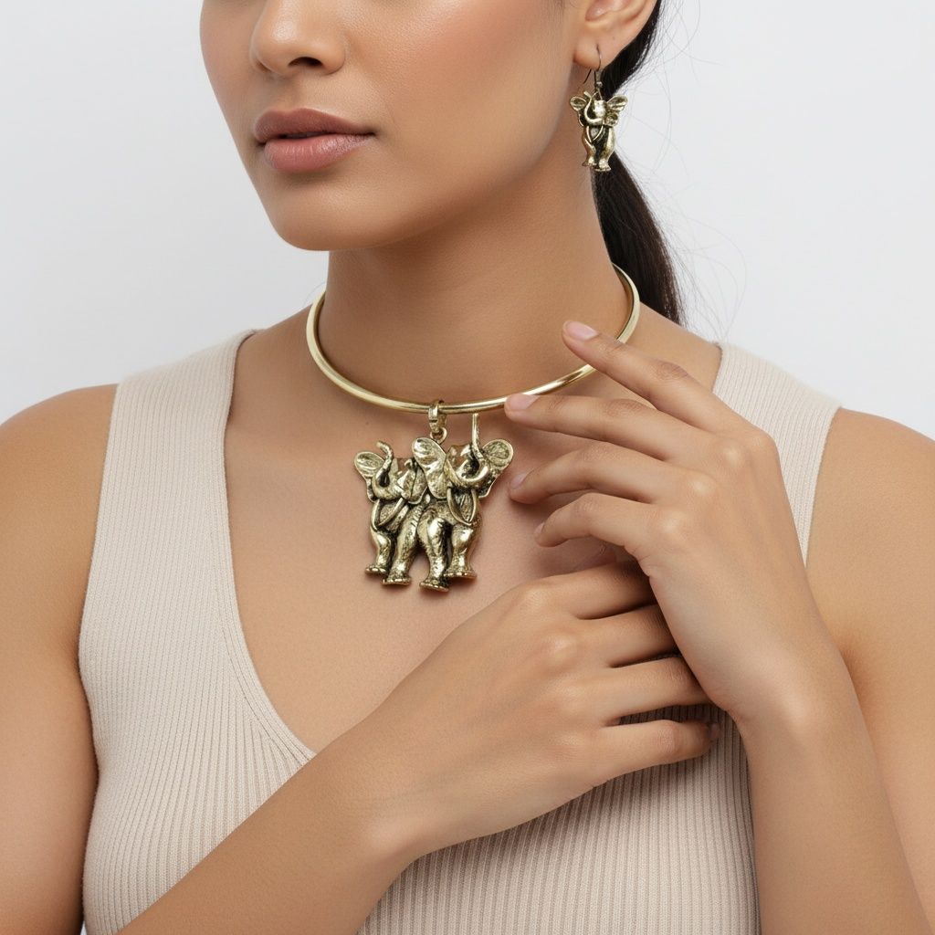 Pendant Burnished Gold Double Elephant Choker