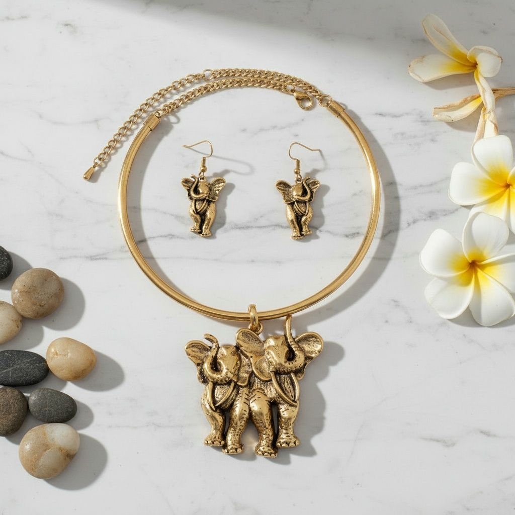 Pendant Burnished Gold Double Elephant Choker