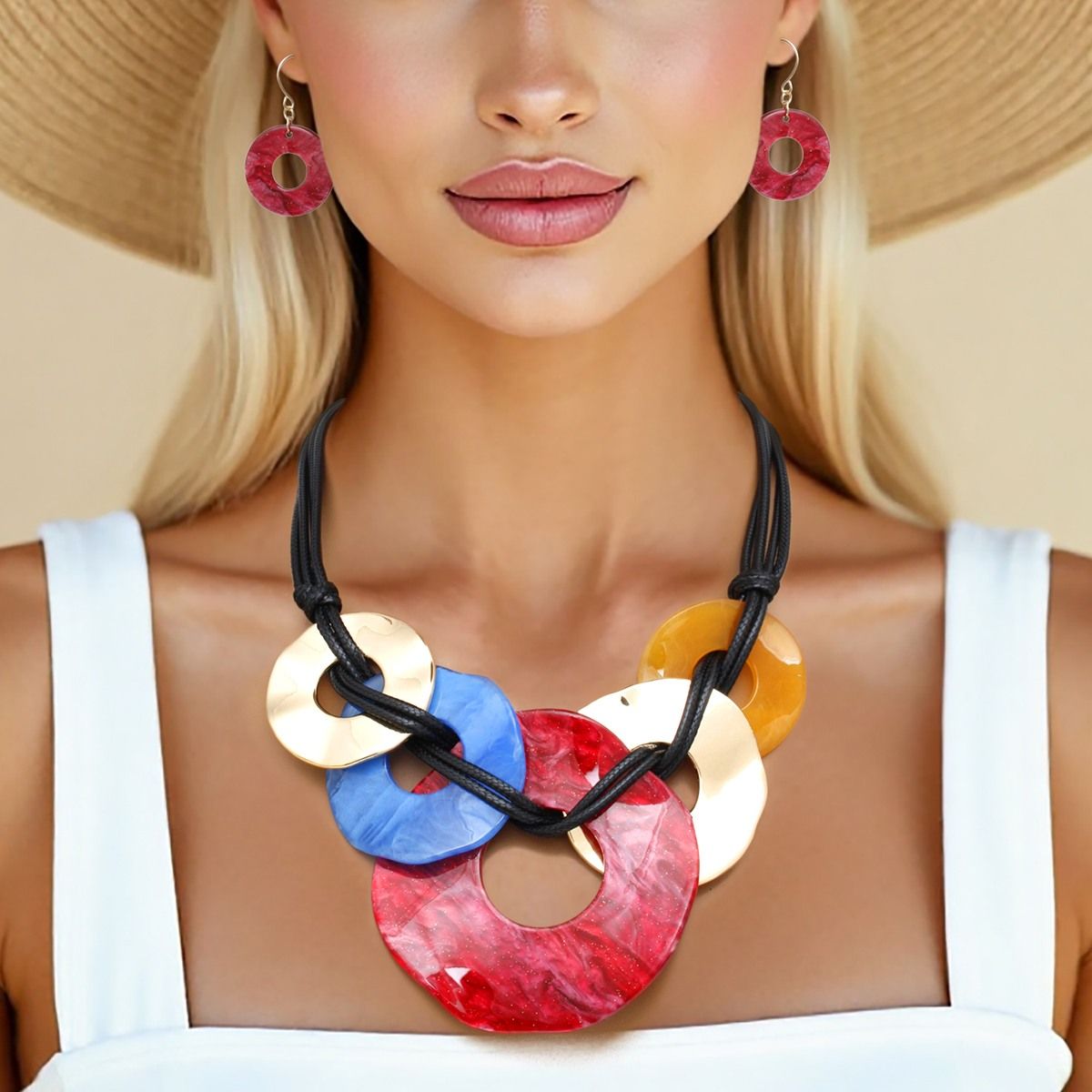 Necklace Black Cord Multicolor Rings Set for Women