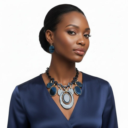 Necklace Blue Glitter Oval Swirled Set for Women