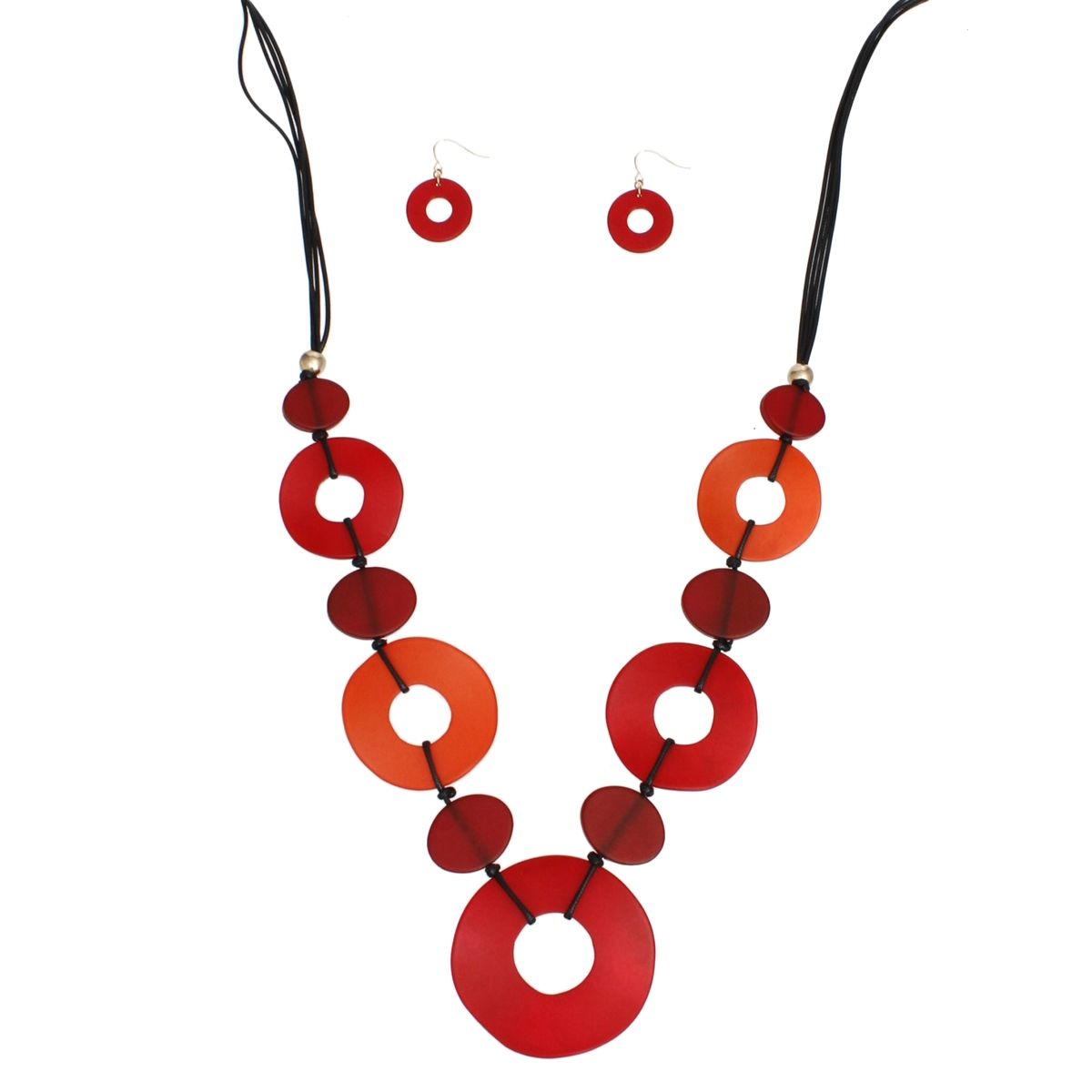 Long Linked Red Rings Black Cord Necklace Set