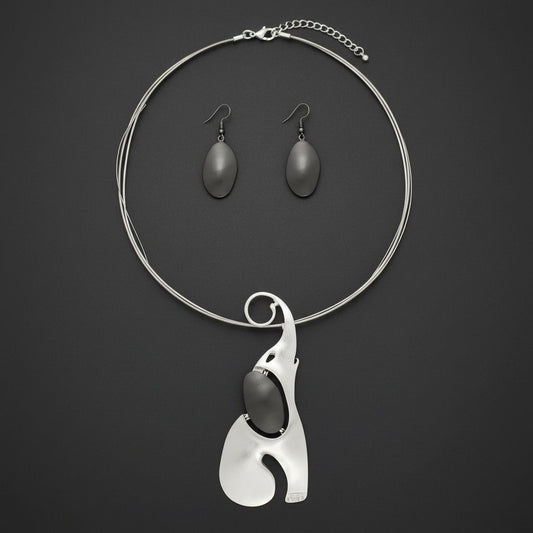 Abstract Silver Hematite Elephant Pendant Necklace