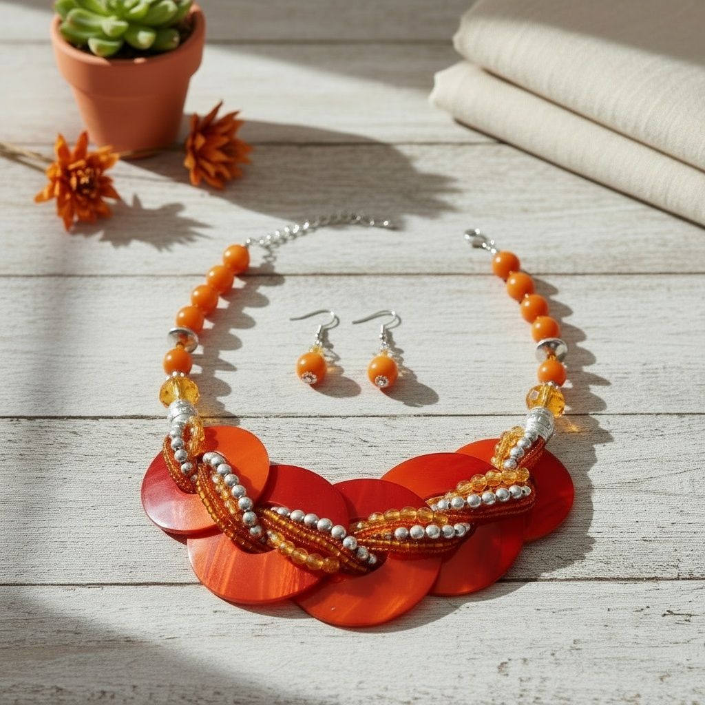 Collar Orange Shell Disc Beaded Necklace for Women