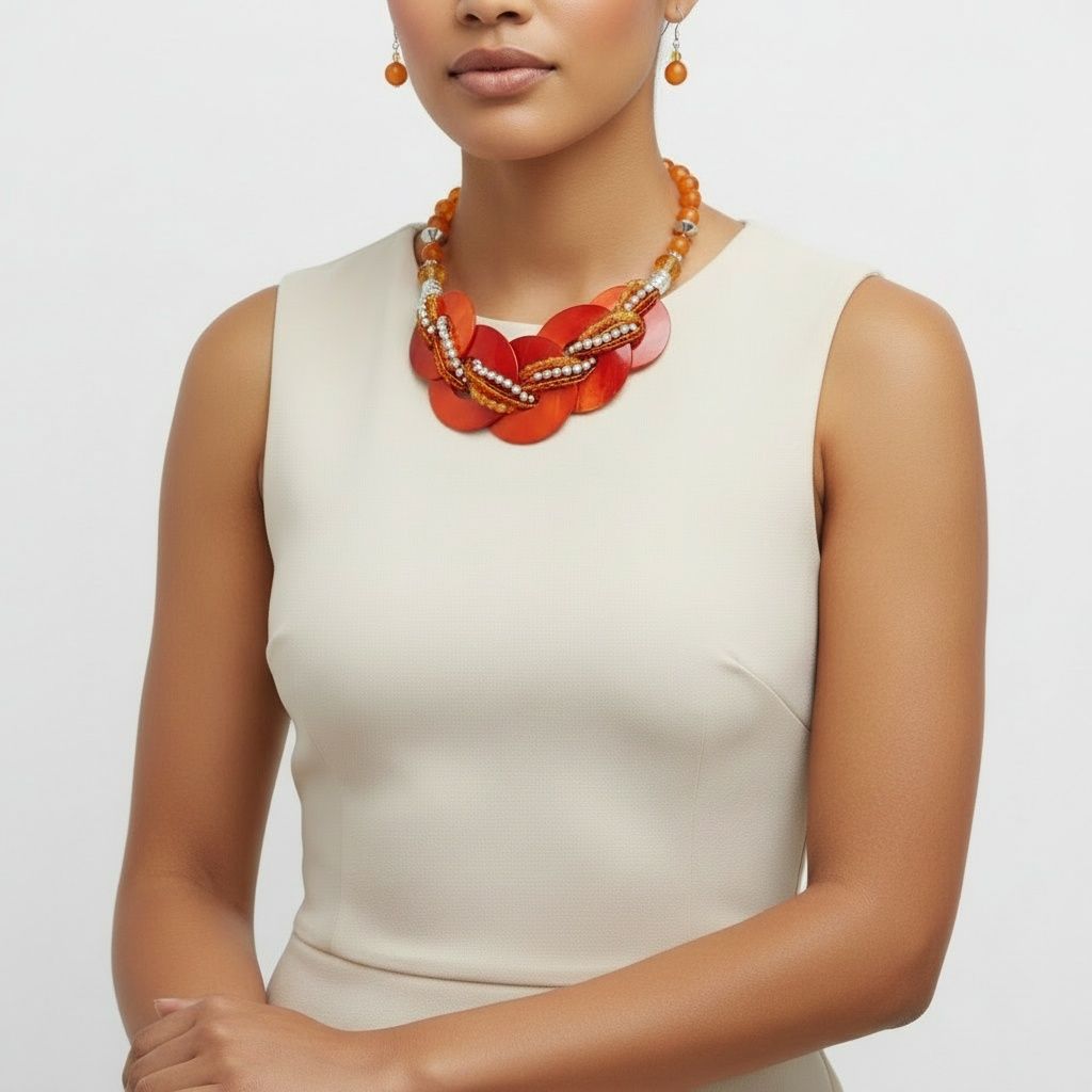 Collar Orange Shell Disc Beaded Necklace for Women