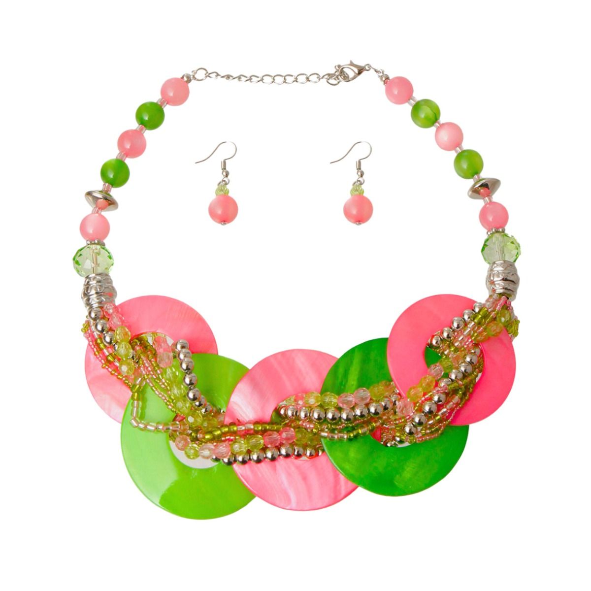 Pink and Green AKA Beaded Disc Necklace Set