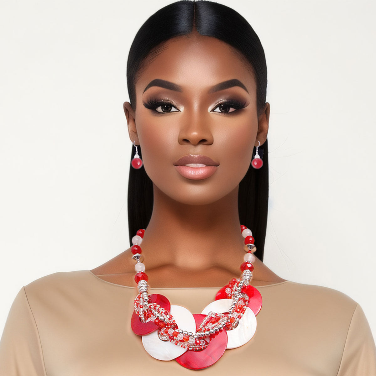 Red and White DST Beaded Disc Necklace Set