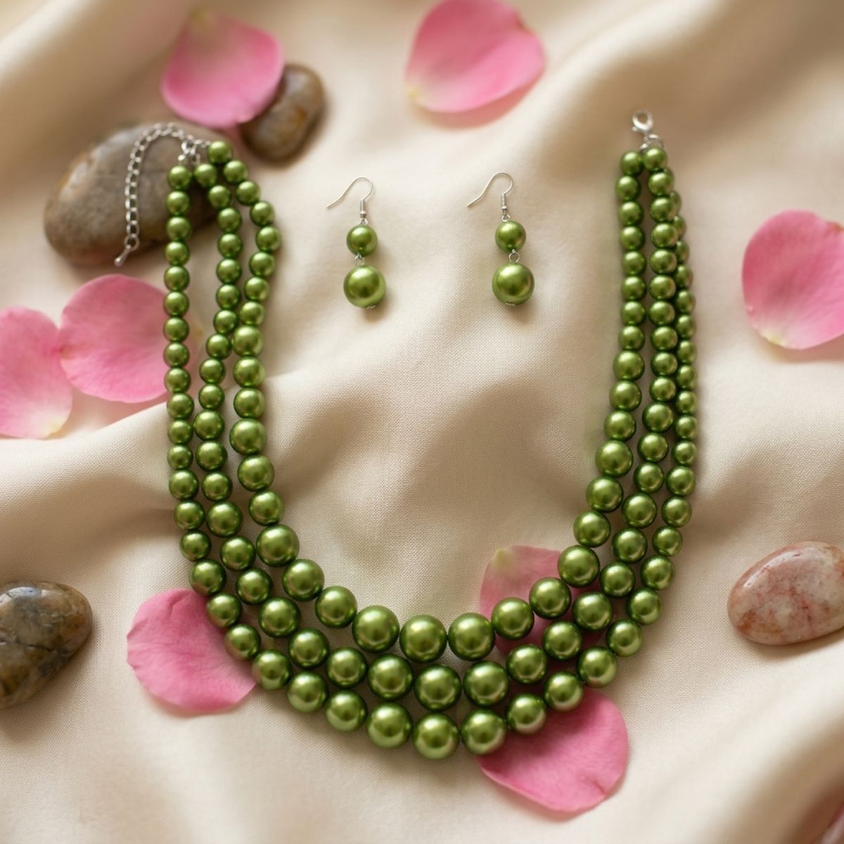 Olive Green Pearl Necklace Layered 3 Strand