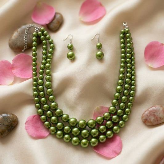 Olive Green Pearl Necklace Layered 3 Strand
