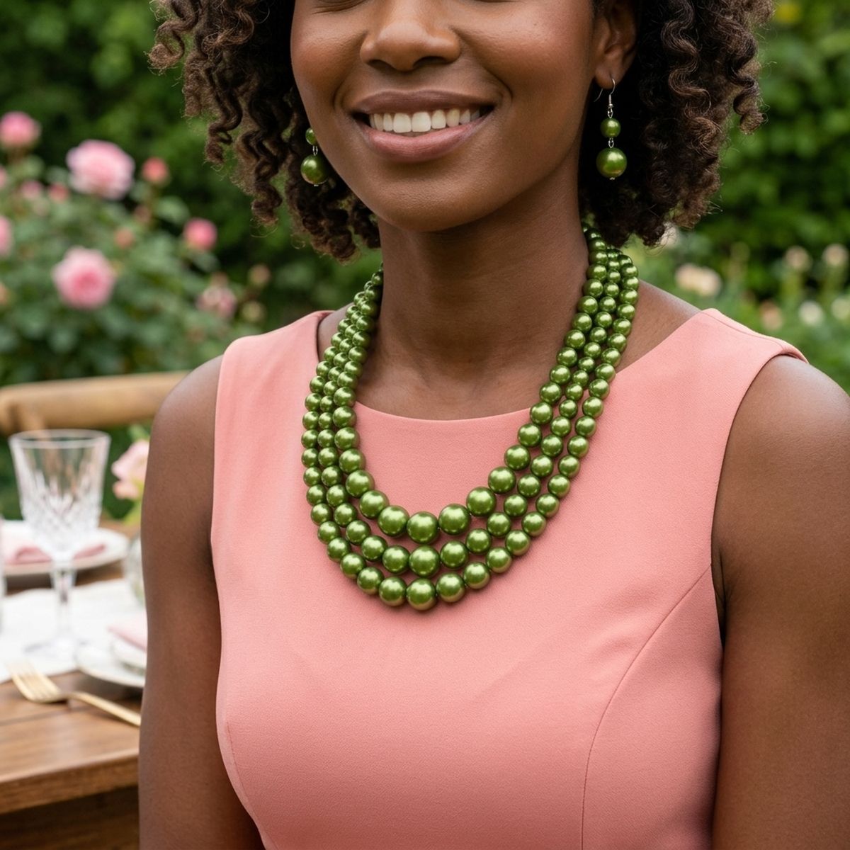 Olive Green Pearl Necklace Layered 3 Strand