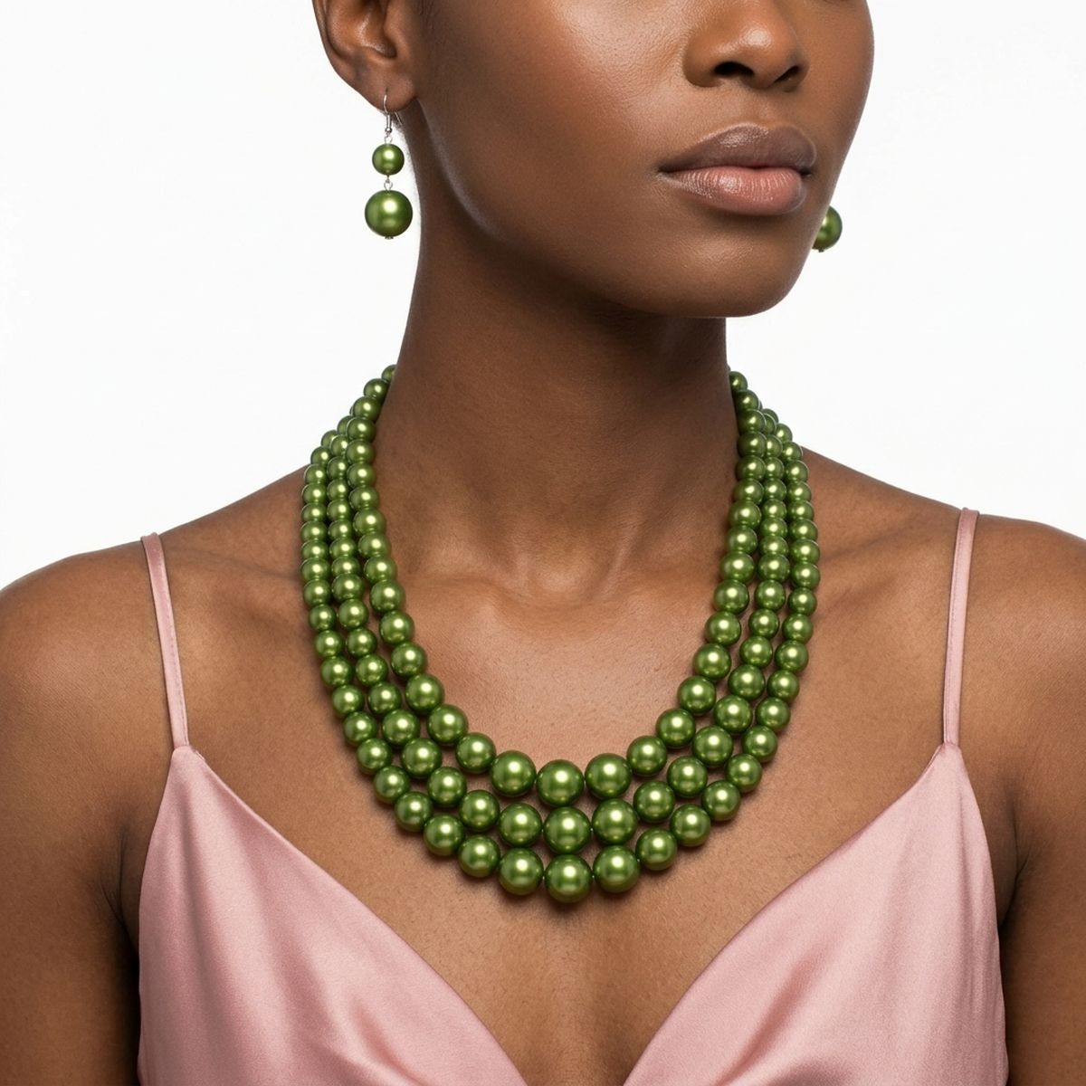 Olive Green Pearl Necklace Layered 3 Strand