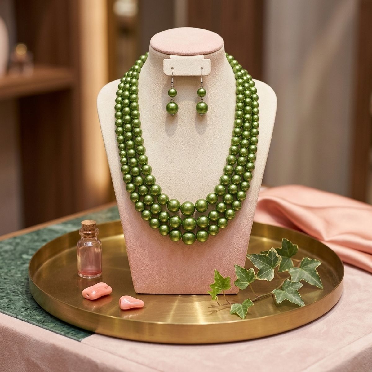 Olive Green Pearl Necklace Layered 3 Strand