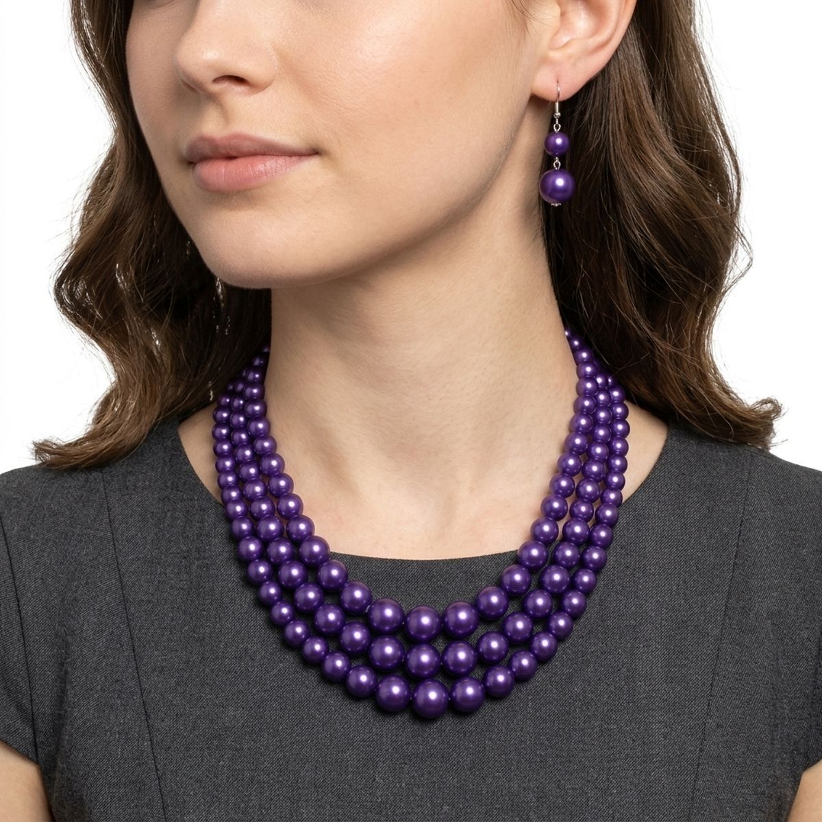 Dark Purple Pearl Necklace Layered 3 Strand