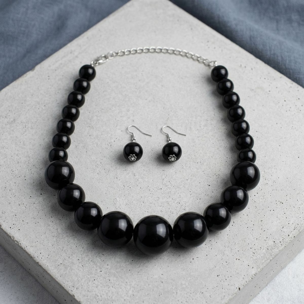 Jet Black Ball Bead Chunky Graduated Necklace