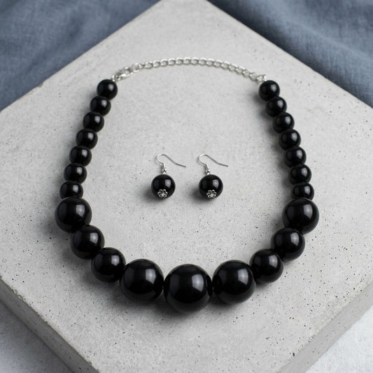 Jet Black Ball Bead Chunky Graduated Necklace