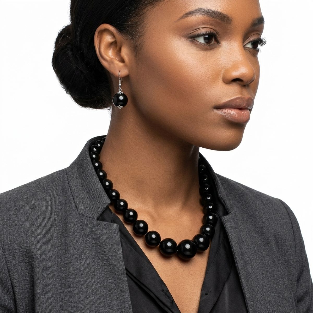 Jet Black Ball Bead Chunky Graduated Necklace