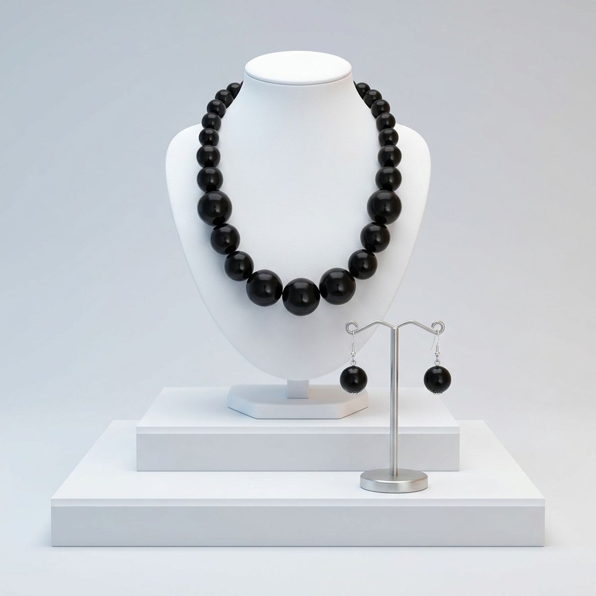 Jet Black Ball Bead Chunky Graduated Necklace