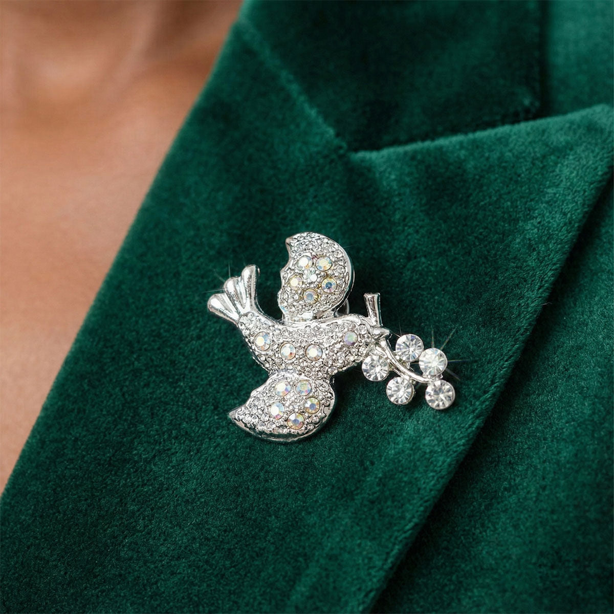 Tack Pin Silver Dove Rhinestone Mini Brooch
