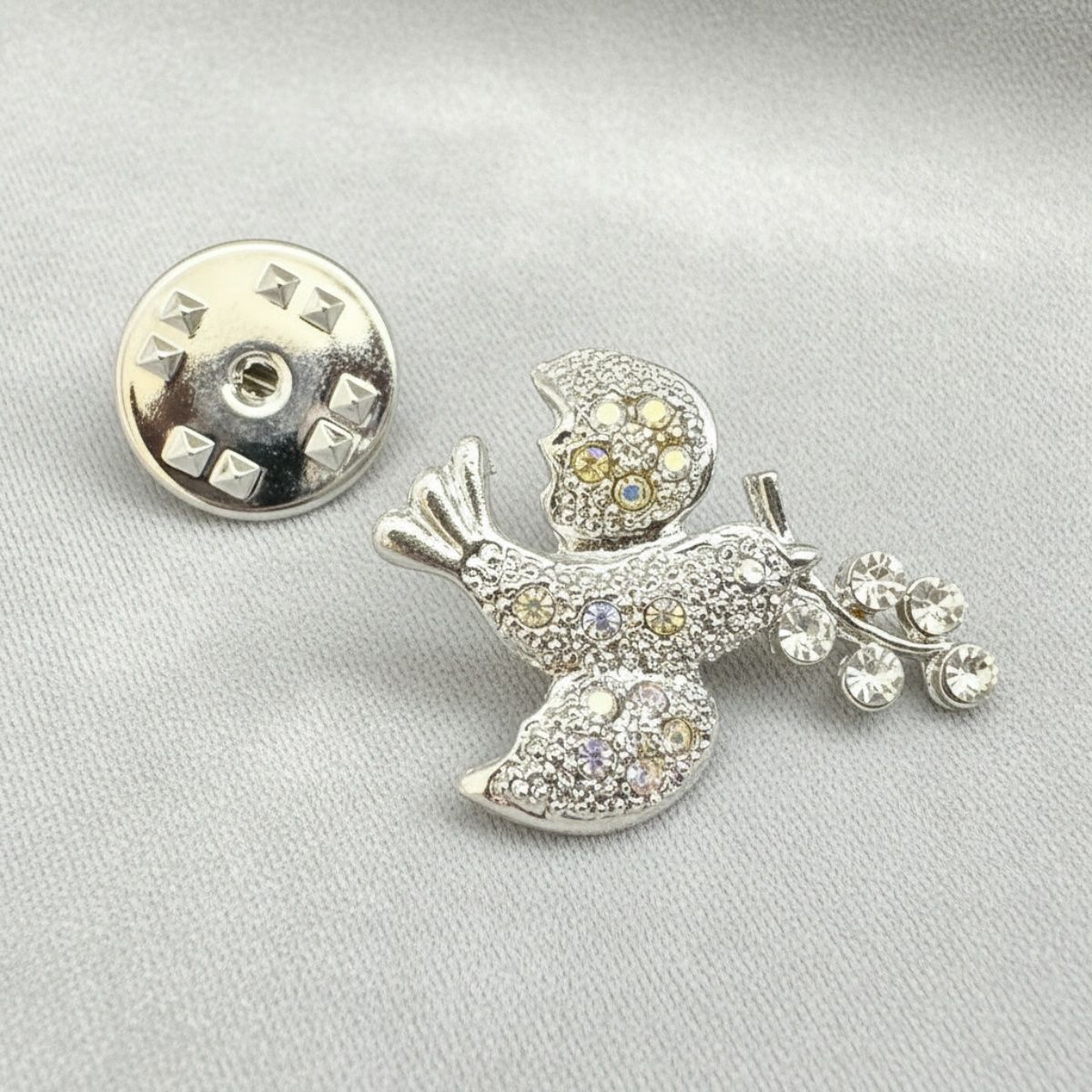 Tack Pin Silver Dove Rhinestone Mini Brooch